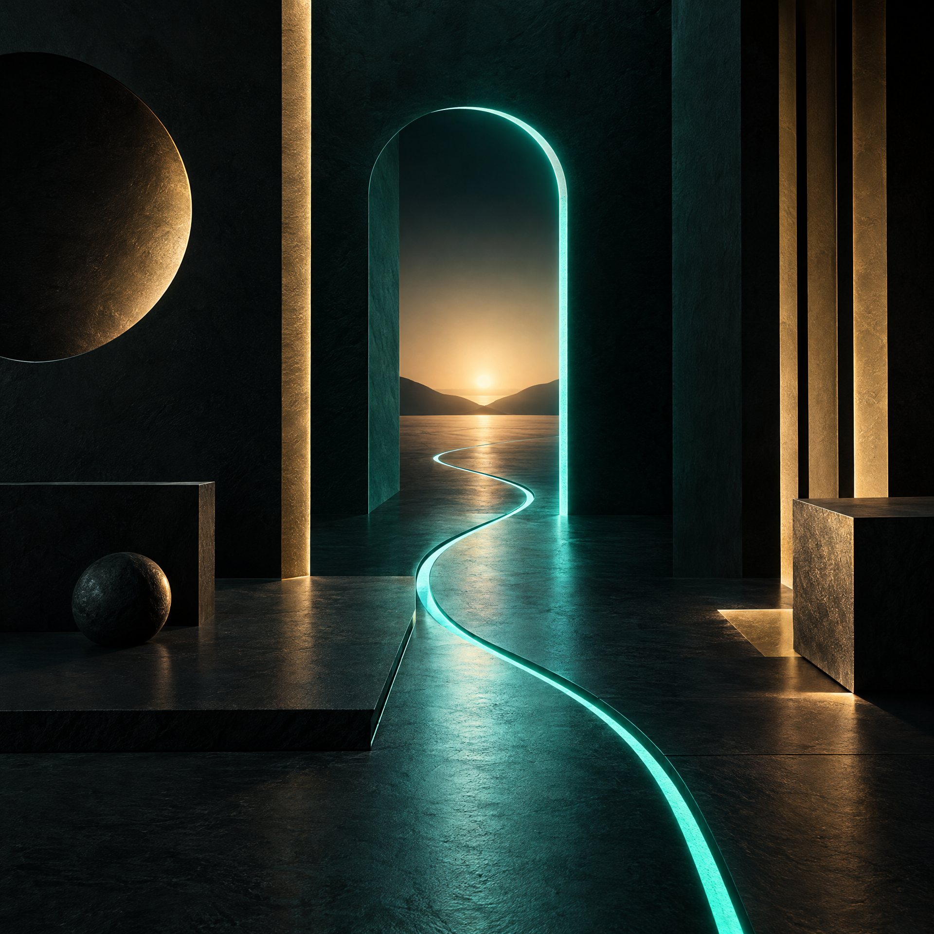 Luminous teal doorway and gold architecture representing the Founding package
