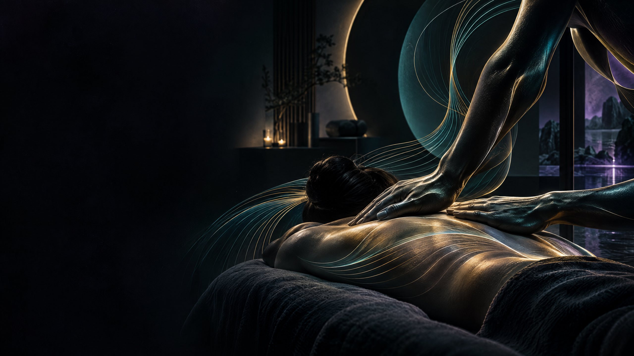 Artistic neuromuscular therapy scene with flowing teal and gold contour lines