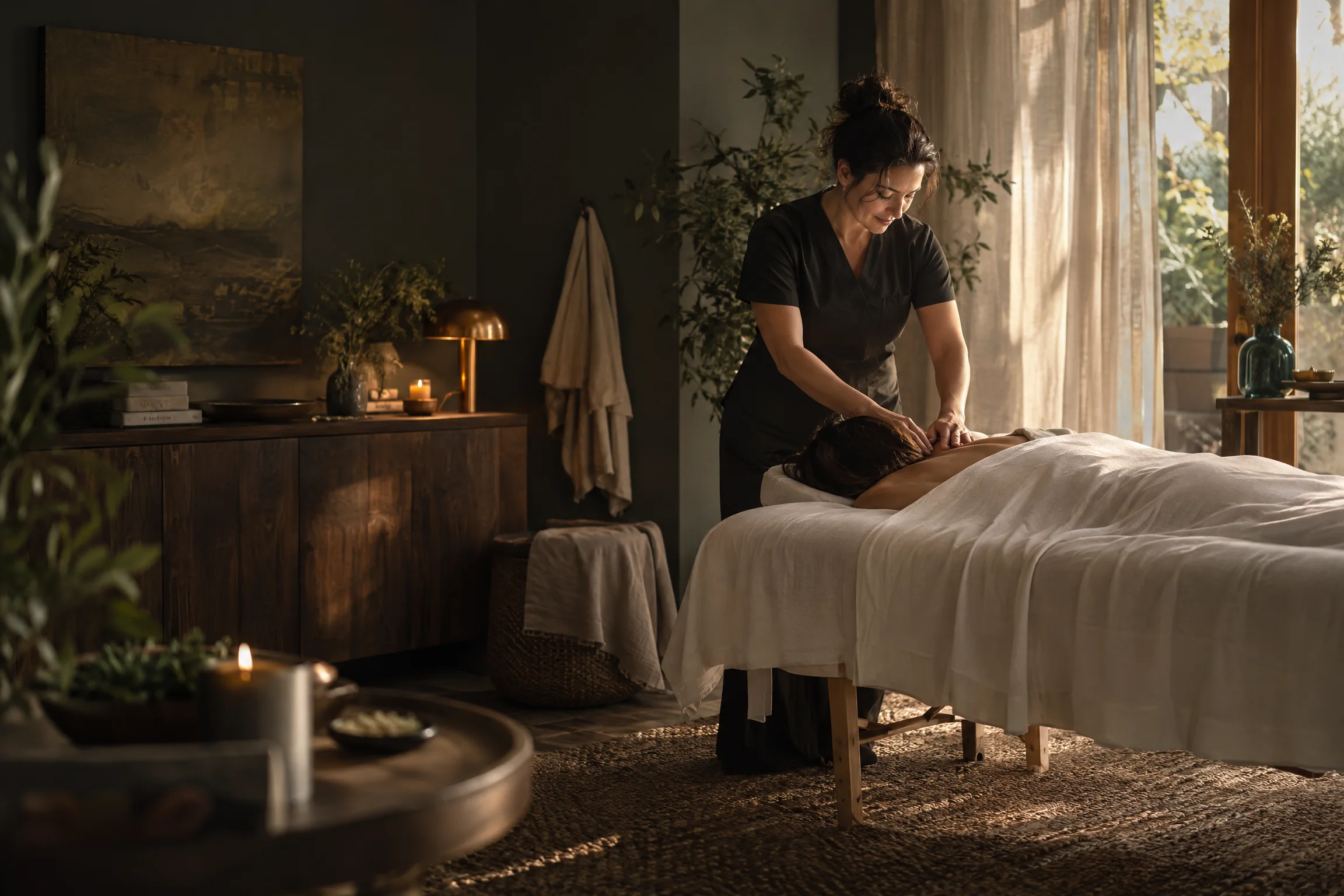A massage therapist's calm, warmly lit treatment studio